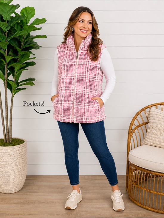 Katydid Jackets & Blazers - Katydid XXL Pink Plaid Sherpa Zip Vest Pockets Lined NWOT